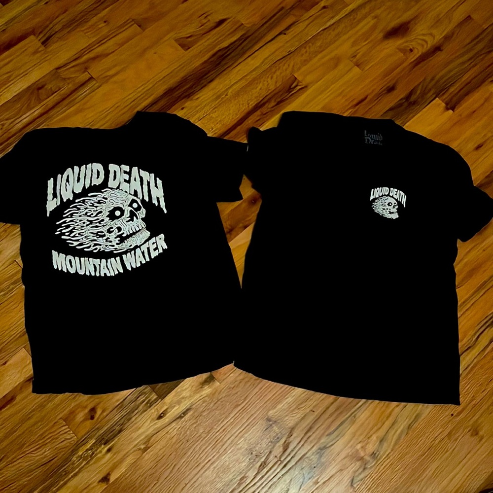 Two Liquid Death Mountain Water Large T-Shirts